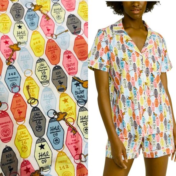 EUC BedHead Retro MCM Hotel Key Fob Print Cotton Shortie Pajama Set Size XS / S - Picture 1 of 9